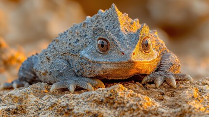 Majestic desert toad basking in golden sunset light, showcasing intricate skin texture and captivating gaze.
