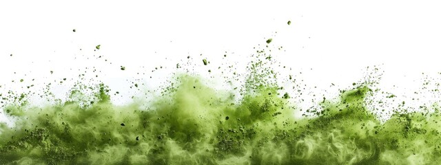 Green powder explodes against a white background during a vibrant color festival celebration