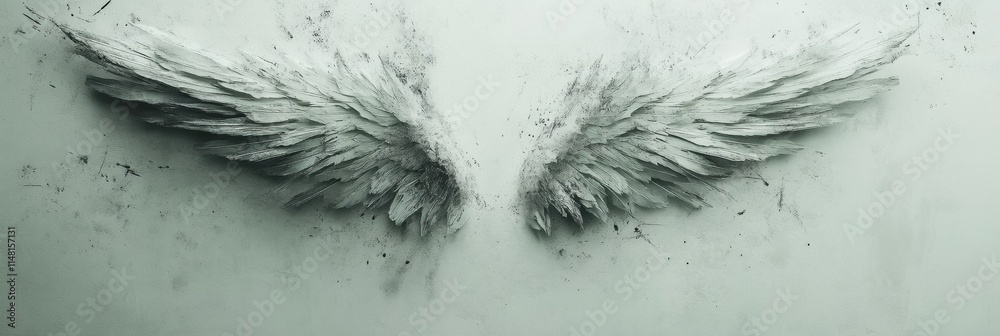 Poster wings of freedom depicted in a minimalist artwork showcasing detailed feather textures on a light ba