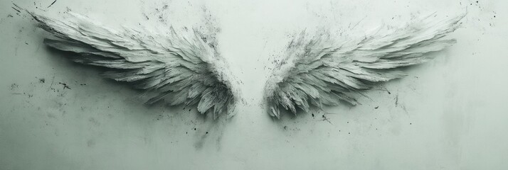 Obraz premium Wings of freedom depicted in a minimalist artwork showcasing detailed feather textures on a light background. Generative AI