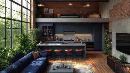 Modern loft apartment with open kitchen, living area, and mezzanine bedroom.