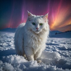 "A fluffy white cat with rainbow-colored fur, playing in the snow under a shimmering northern lights sky."