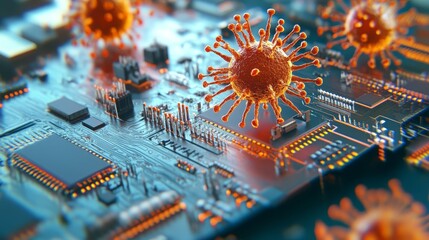 Virus Attacking Circuit Board Cybersecurity Threat
