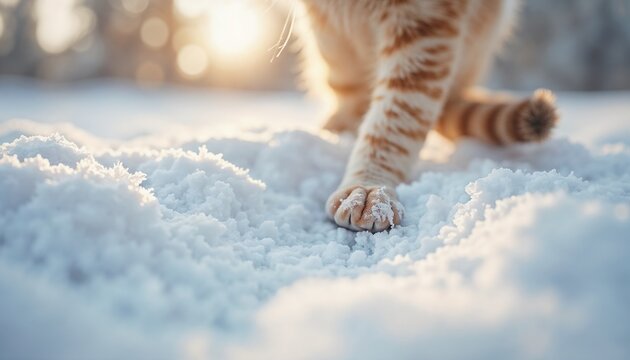Ginger cat exploring the snow with curiosity in a winter sunset background. Cat Paw Prints in Snow