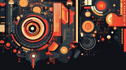 Obraz premium Abstract geometric design with circles, lines, and shapes in orange, red, and dark gray.