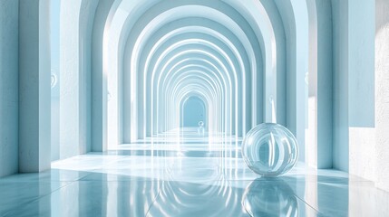 Obraz premium Serene Light Blue Archway Hallway With Glass Spheres