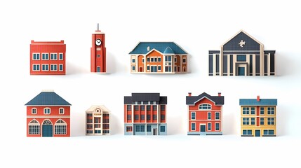 Colorful Paper Models of Various Architectural Styles Featuring Schools, Houses, and Clock Towers for Artistic and Educational Purposes