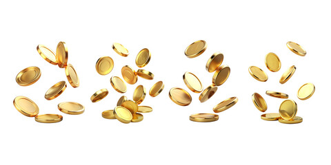 Falling gold coin flying in air isolated on transparent background