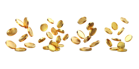 Falling gold coin flying in air isolated on transparent background