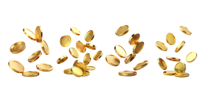 Falling gold coin flying in air isolated on transparent background