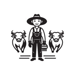 Silhouettes of  Farmer farming with bulls simple high contrast illustration