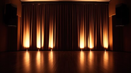 Fototapeta premium Elegant Stage with Warm Lighting and Draped Curtains in a Venue