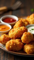 A plate of chicken nuggets with a variety of dipping sauces, texture contrast, eating utensils