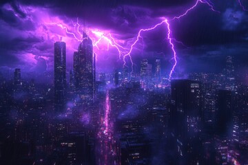 Obraz premium Lightning storm over city in purple light Lightning storm over city in purple light Lightning