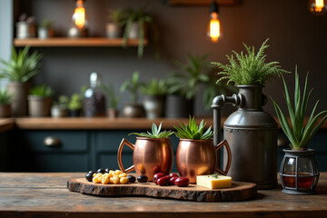 Fototapeta premium Rustic kitchen setting with copper mugs, layered drink and cheeses on a cutting board 