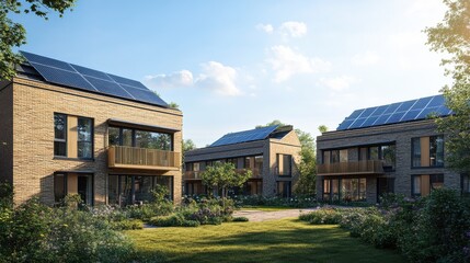 Solar panels on rooftops of modern British houses under clear blue sky. image captures sustainable energy solution in residential area, showcasing eco friendly living