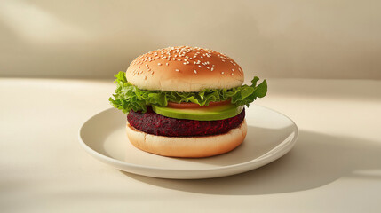 Vegan burger with beetroot patty, lettuce, avocado, and sesame-topped whole-grain bun on white ceramic plate. Minimalist style, light beige table, soft lighting, and text space. Fresh and vibrant.