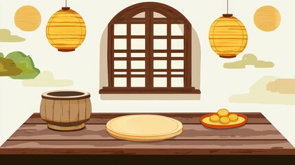 Cozy Interior with Traditional Lanterns and Wooden Elements for a Warm Atmosphere