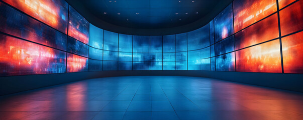 Obraz premium A futuristic room with large screens displaying vibrant blue and red visuals.
