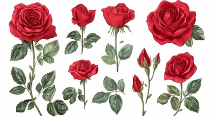 Fototapeta premium A Stunning Collection of Hand-Drawn Red Roses Featuring Various Stages of Blooming, Buds, and Leaves for Elegant Floral Designs and Creative Projects