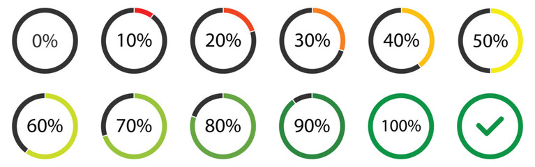 Set of pie charts from 0% to 100% (10% increments). Circle graph percentage loading or infographics progress elements. pie chart vector illustration set