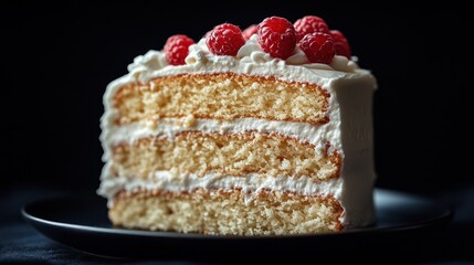 Delicious three-layered vanilla cake with raspberries and cream.