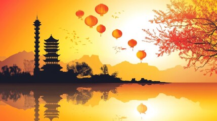 Obraz premium Serene Sunset Reflection Over Tranquil Lake with Lanterns and Pagoda in an Asian Landscape