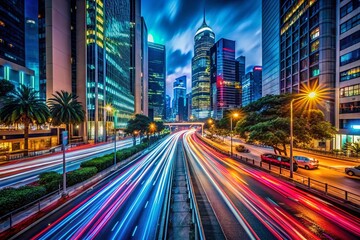 Obraz premium Long Exposure Photography: Urban Night Lights, Cityscape, Blurred Motion, Light Trails, Abstract, Night Photography, City at Night, Street Photography, Colorful Lights