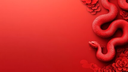 Obraz premium Elegant Red Snake with Floral Accents on a Vibrant Red Background for Cultural Symbolism and Design Themes