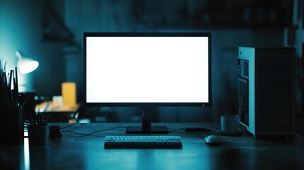 Naklejka premium Night Workspace: Illuminated Desktop Computer Setup