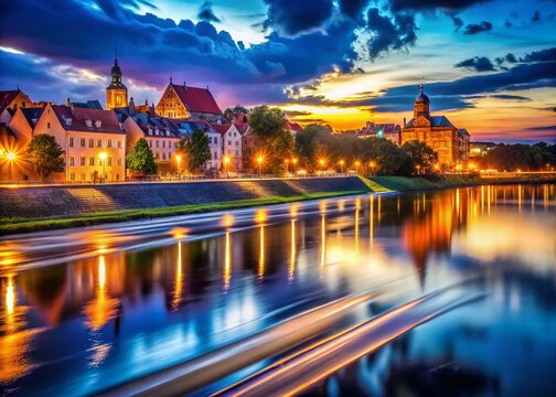 Long Exposure Photography Grudziadz, Poland: Night Cityscapes, River Vistula, Dramatic Lights, Urban Scenery, Artistic Light Trails
