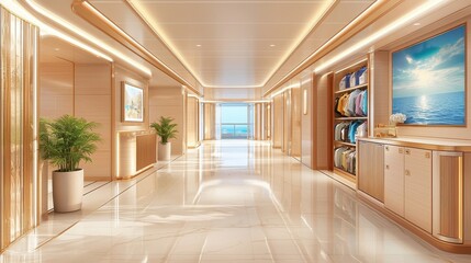Fototapeta premium Modern hallway with elegant decor, natural light, and ocean views creating a serene atmosphere.
