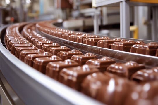 A chocolate factory conveyor belt with freshly molded chocolates being packaged