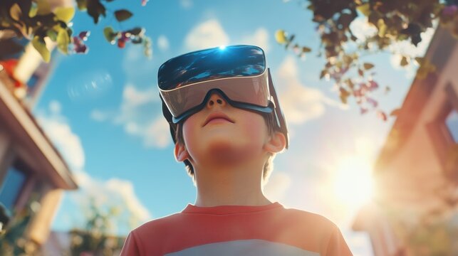 childhood, augmented reality, technology and people concept - boy with virtual headset or 3d glasses playing game outdoors at summer