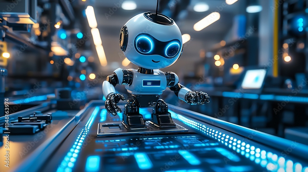Poster Small Robot Working on Futuristic Assembly Line