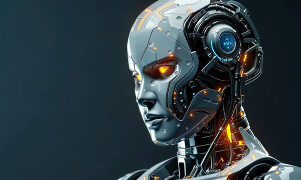 Side profile of humanoid robot with detailed head mechanics against dark background