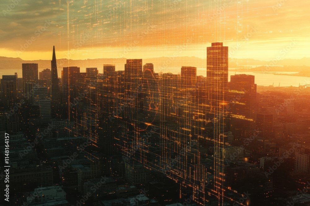 Aufkleber Exploring the fusion of urban landscapes and digital neural networks at sunset in a vibrant city. Generative AI