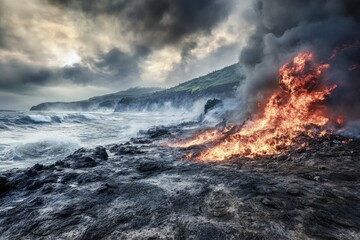 Naklejka premium Low-hanging clouds over mountains and forest near Ketchikan, Alaska. Beautiful simple AI generated image