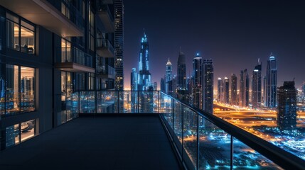 Nighttime Dubai Skyline View from Modern Apartment Balcony