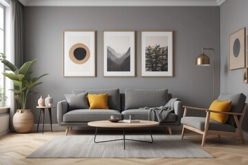 Minimal retro interior design of living room with grey couch