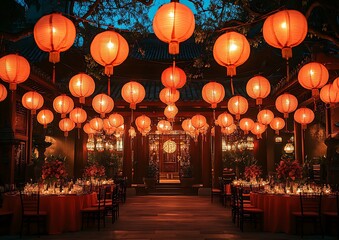 Fototapeta premium Chinese New Year Walkway with Lanterns and Tables.