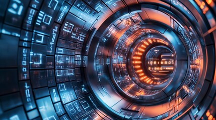 Obraz premium Futuristic Digital Tunnel with Glowing Binary Code and Neon Lights Reflecting in a Sleek Metallic Environment, Evoking a Sense of Virtual Reality Journey Space Exploration