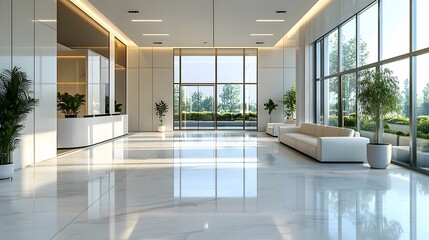 Fototapeta premium Modern bank lobby, open floor plan, leather sofas, glass windows. Bright LED lights, marble floors, minimalist design creates professional corporate atmosphere with sleek furniture.