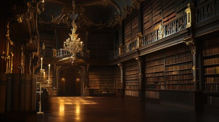 Fototapeta premium Grand opulent library interior with antique bookshelves, chandelier, and wooden floor.