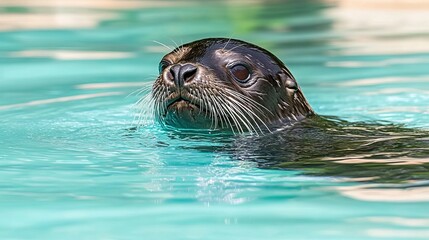 Obraz premium Sea Lion Portrait in Aqua Water, Peaceful Aquatic Mammal