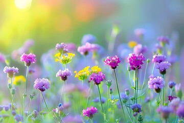 Fototapeta premium Beautiful verbena bonariensis flowers in a field at sunset