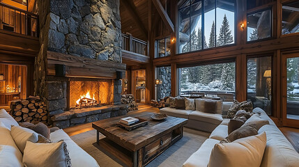  A rustic living room with a large stone fireplace, glowing flames, and a stack of wood nearby 