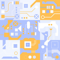 Circuit board technology background. AI semiconductor and computer processor. Abstract polygonal microchip. High-tech circuit board connection system concept. Vector abstract technology illustration.