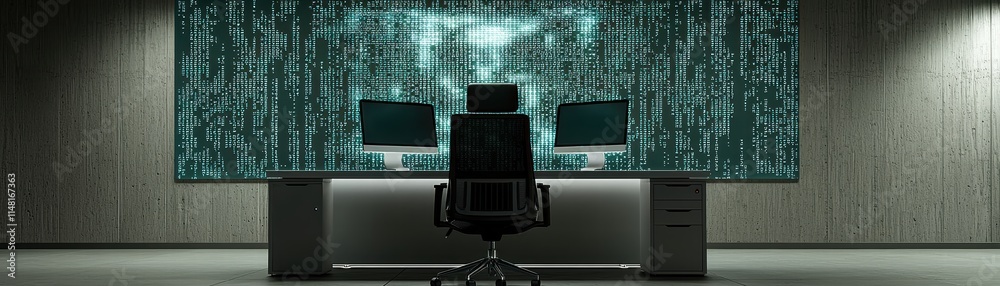 Poster high-tech office with a sleek design and a digital display wall, creating a futuristic atmosphere, c