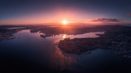 Fototapeta premium Oslo, Norway. City view during sunset. Back light. The central part of the city, From Drone.